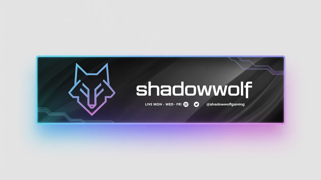 A mockup of a Kick gaming channel banner with a futuristic design, featuring a glowing wolf logo and the streamer name 'SHADOWWOLF' against a white background.