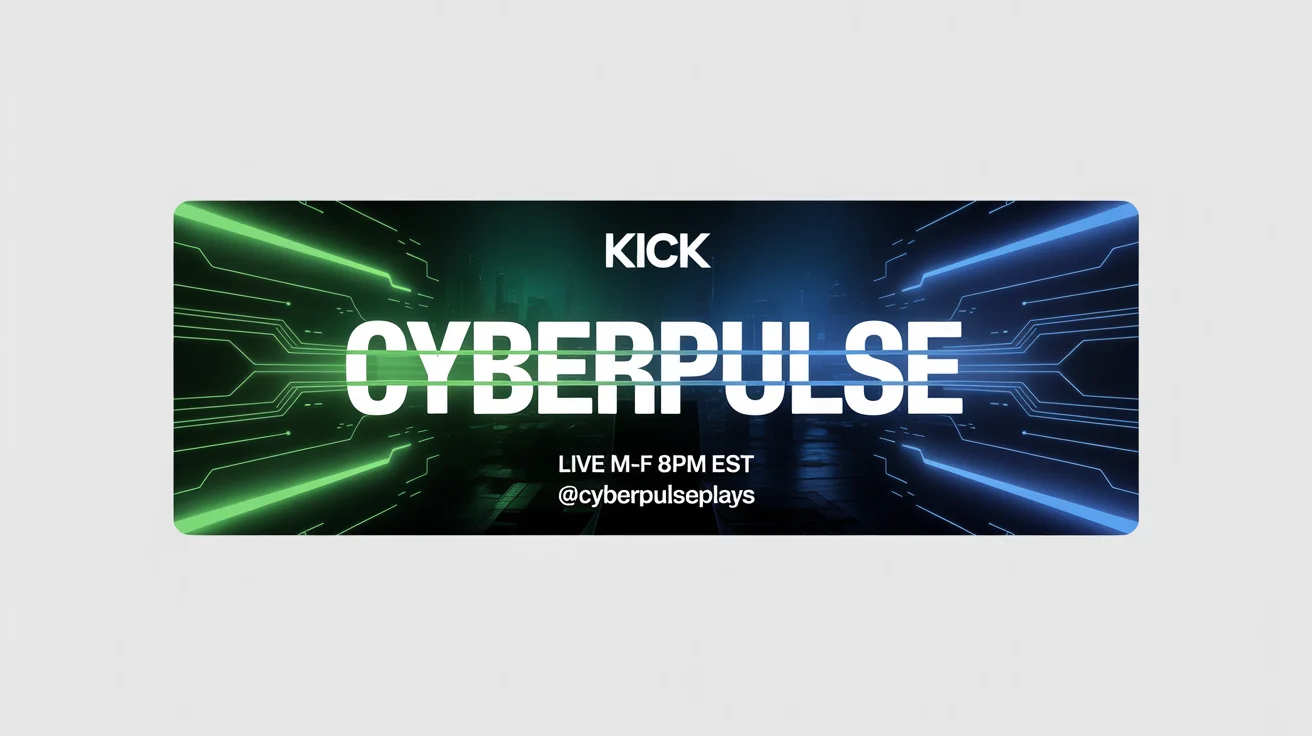 A professional Kick banner mockup for a streamer named 'CYBERPULSE', featuring a futuristic design with neon green accents on a dark background, all set against a clean white backdrop.