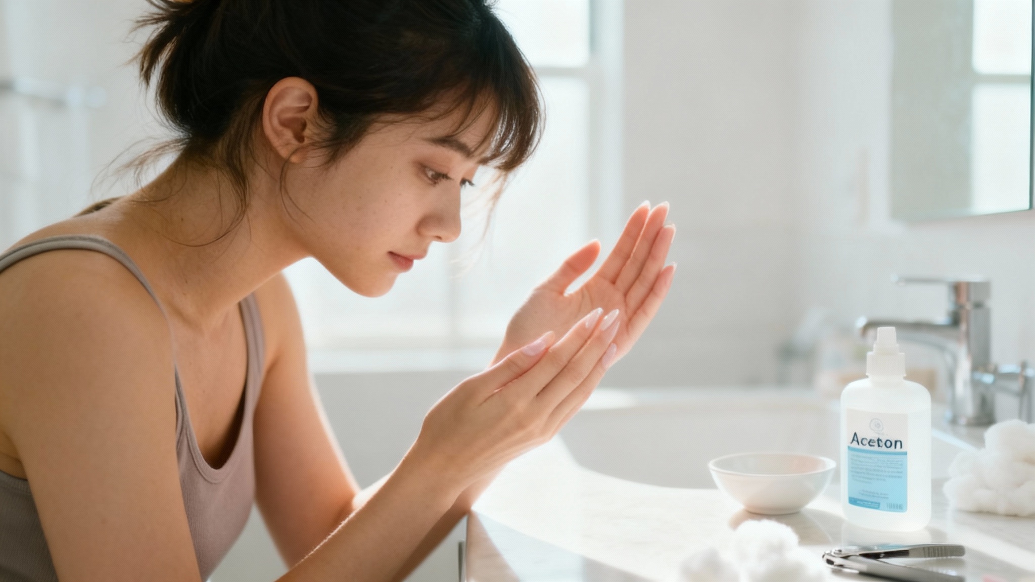 A close-up photo of a woman's hands showcasing her beautiful, healthy, and natural nails after removing acrylics, set against a bright, clean background.