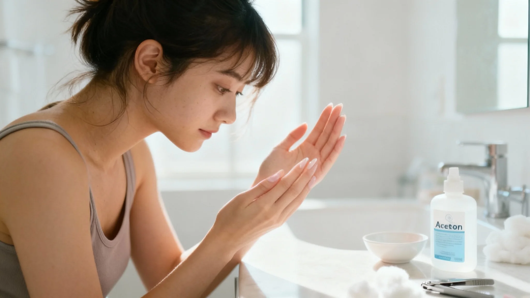 A close-up photo of a woman's hands showcasing her beautiful, healthy, and natural nails after removing acrylics, set against a bright, clean background.