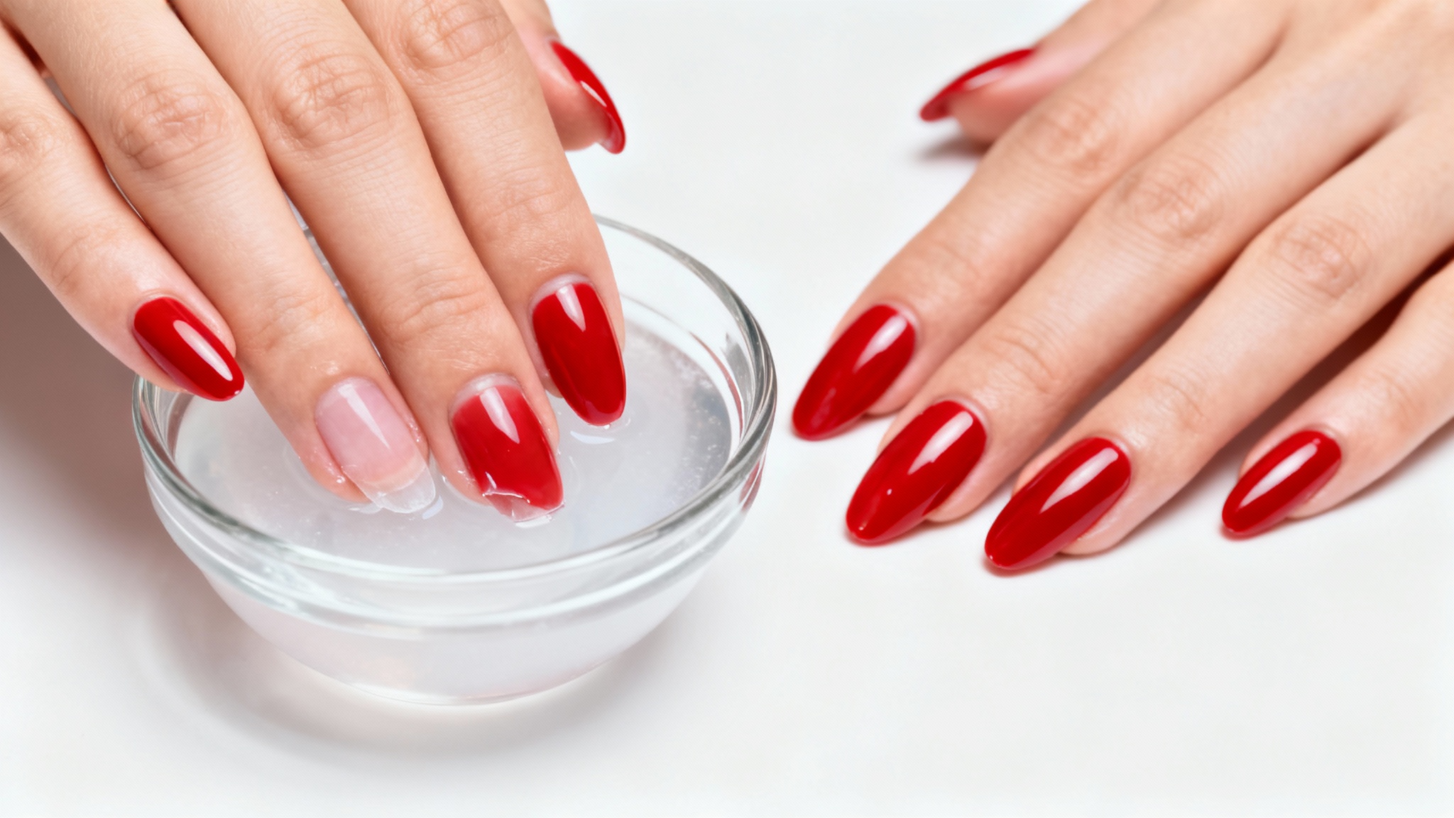A close-up shot of a woman's hands demonstrating the removal of acrylic nails. One hand with red acrylic nails is shown, while the other hand's fingertips are soaking in a small glass bowl to gently remove the acrylics, all against a clean white background.