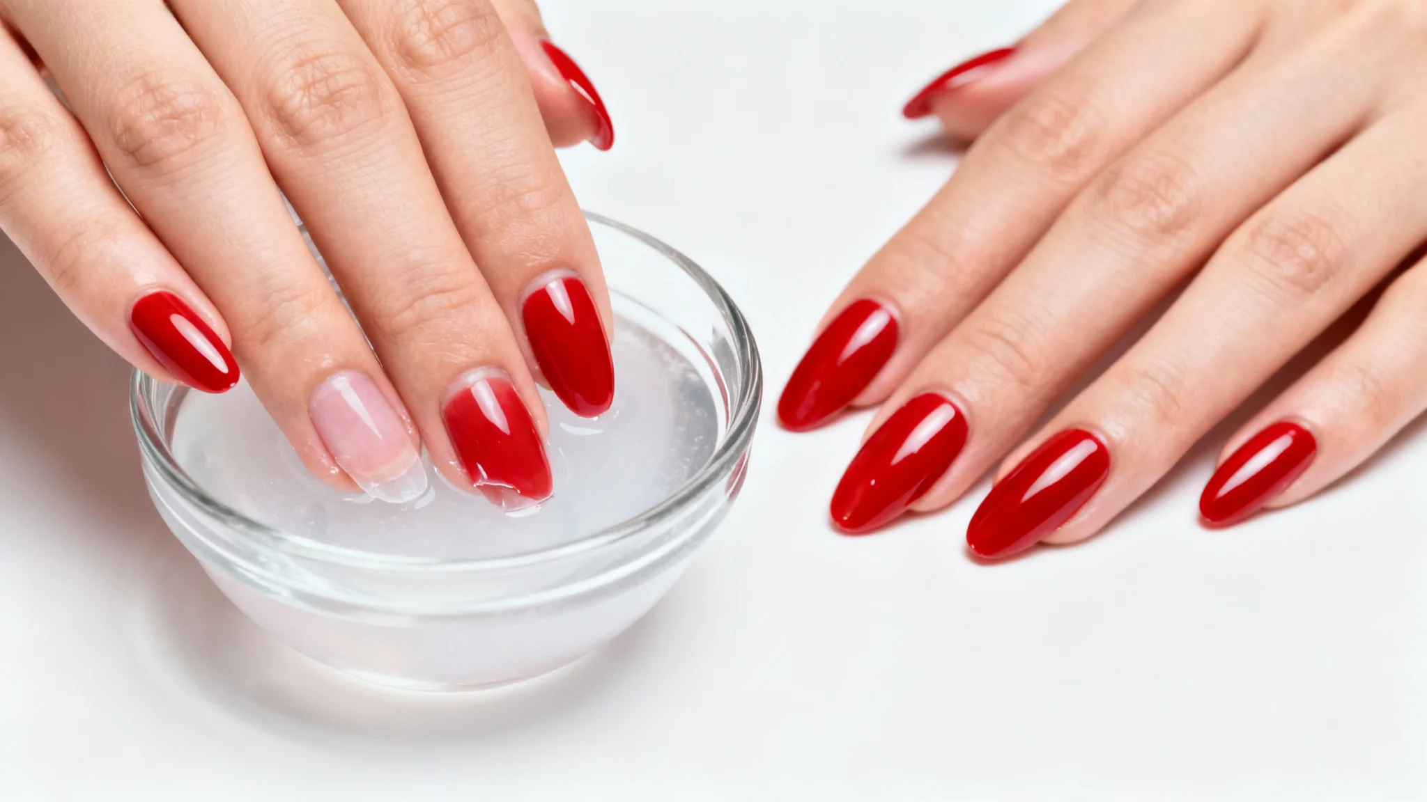 A close-up shot of a woman's hands demonstrating the removal of acrylic nails. One hand with red acrylic nails is shown, while the other hand's fingertips are soaking in a small glass bowl to gently remove the acrylics, all against a clean white background.