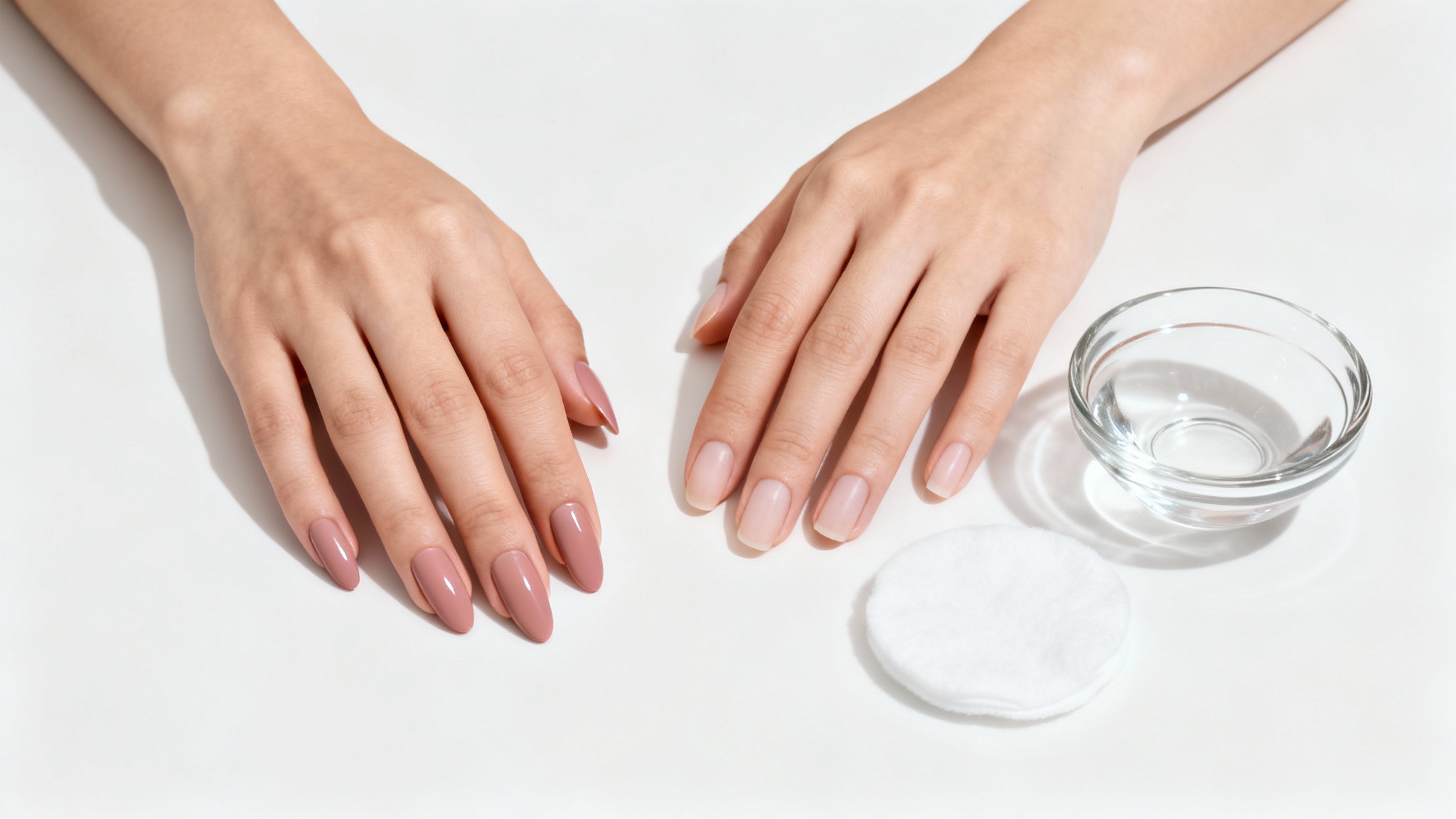 A close-up image showing two hands against a white background. One hand has pink acrylic nails, while the other shows healthy, natural nails after removal, illustrating a gentle nail care process.