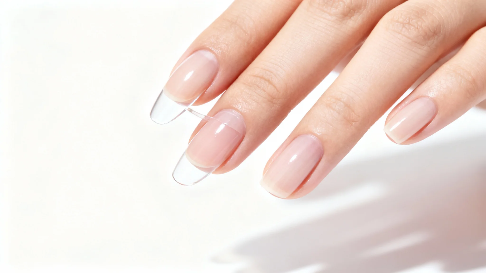 A close-up shot of a woman's hand where an acrylic nail is being gently removed, revealing a healthy natural nail underneath, on a clean white background.