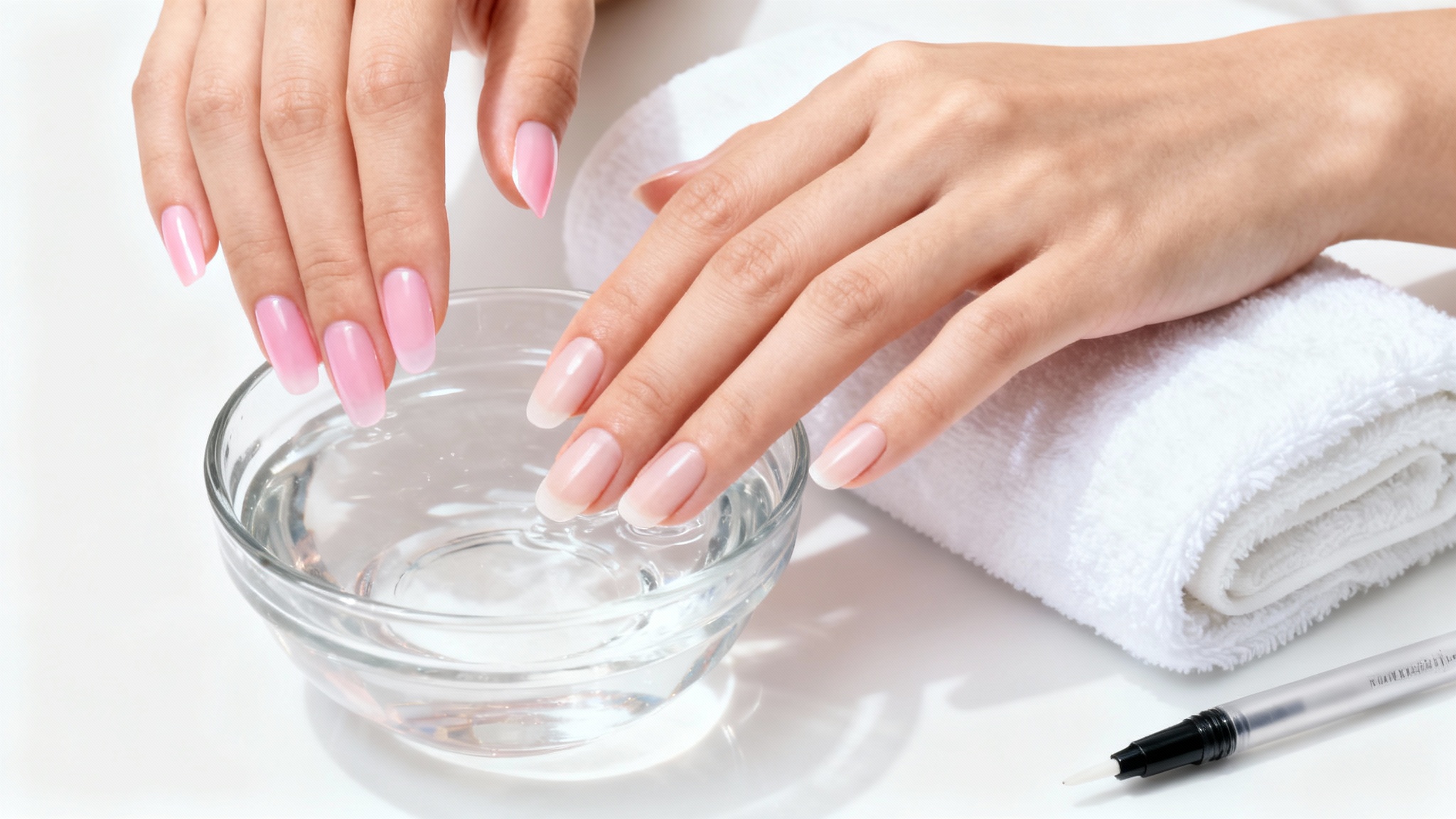A close-up shot of hands on a white background, demonstrating the removal of acrylic nails. One hand soaks its fingertips in a bowl, while the other displays healthy, natural nails.
