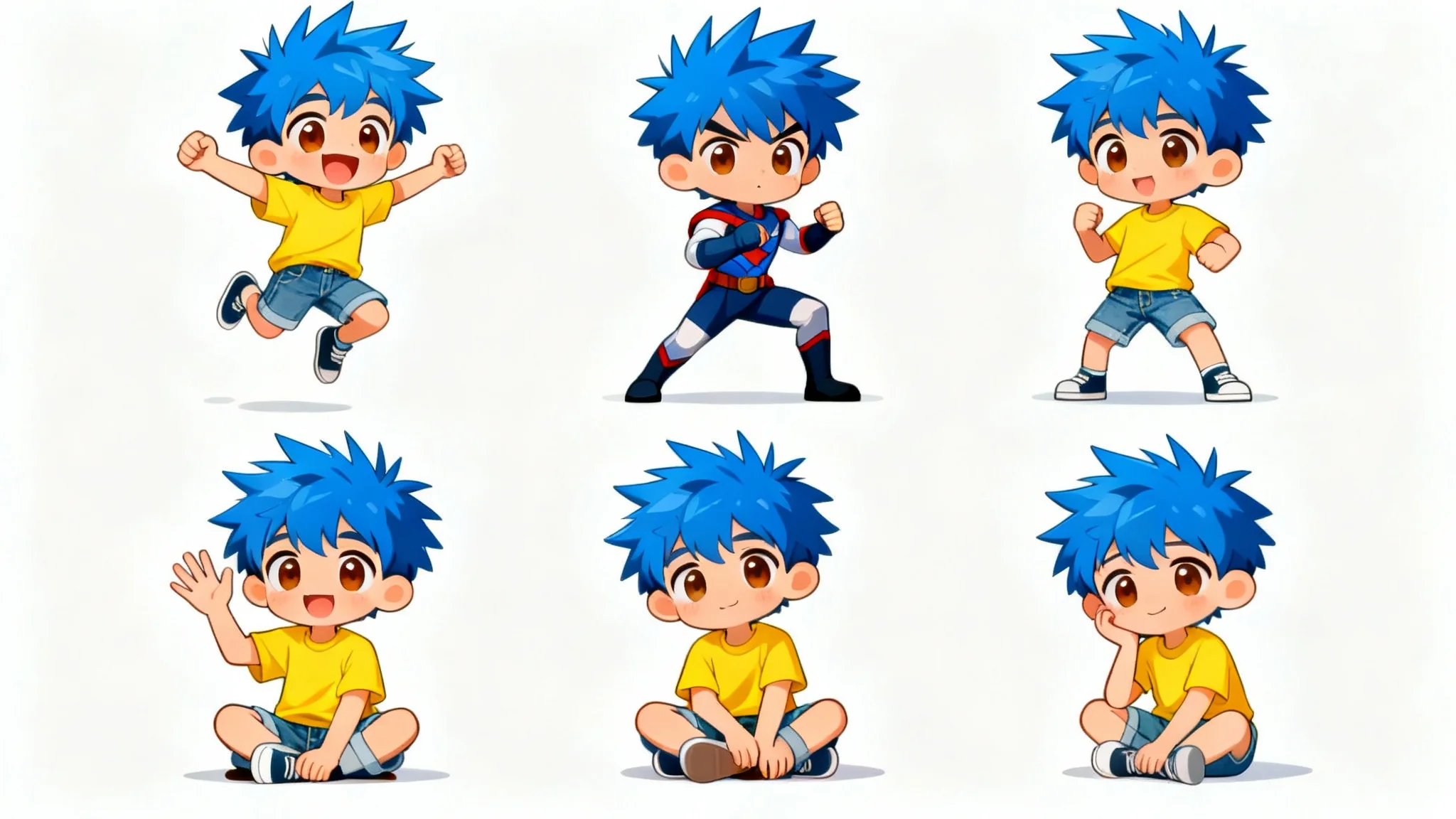 A character reference sheet of a chibi boy with spiky blue hair and a yellow shirt, shown in six different dynamic poses on a white background.