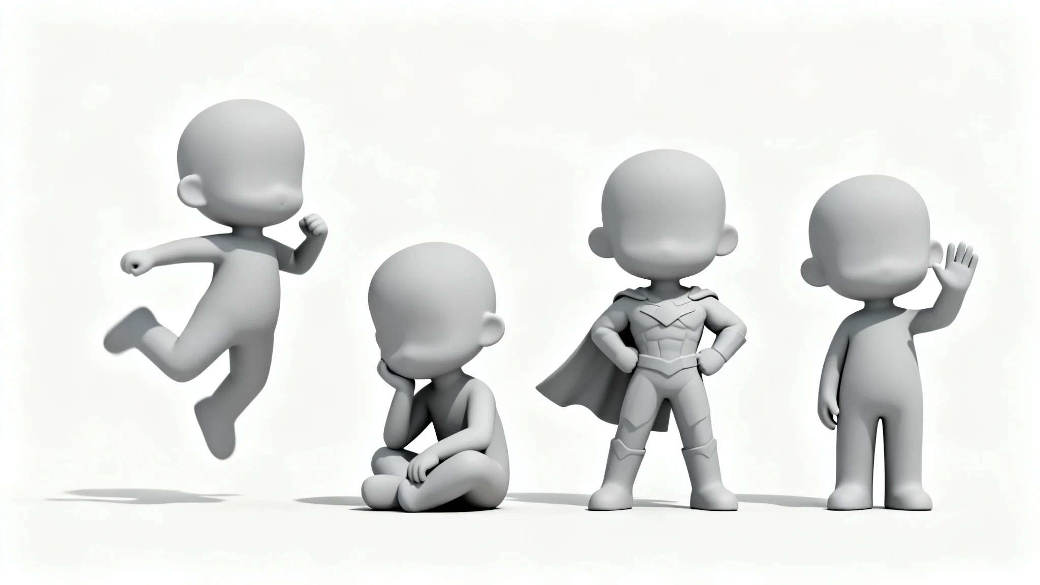 A reference sheet displaying several minimalist, gray chibi-style figures in various dynamic poses, such as jumping and sitting, against a clean white background.
