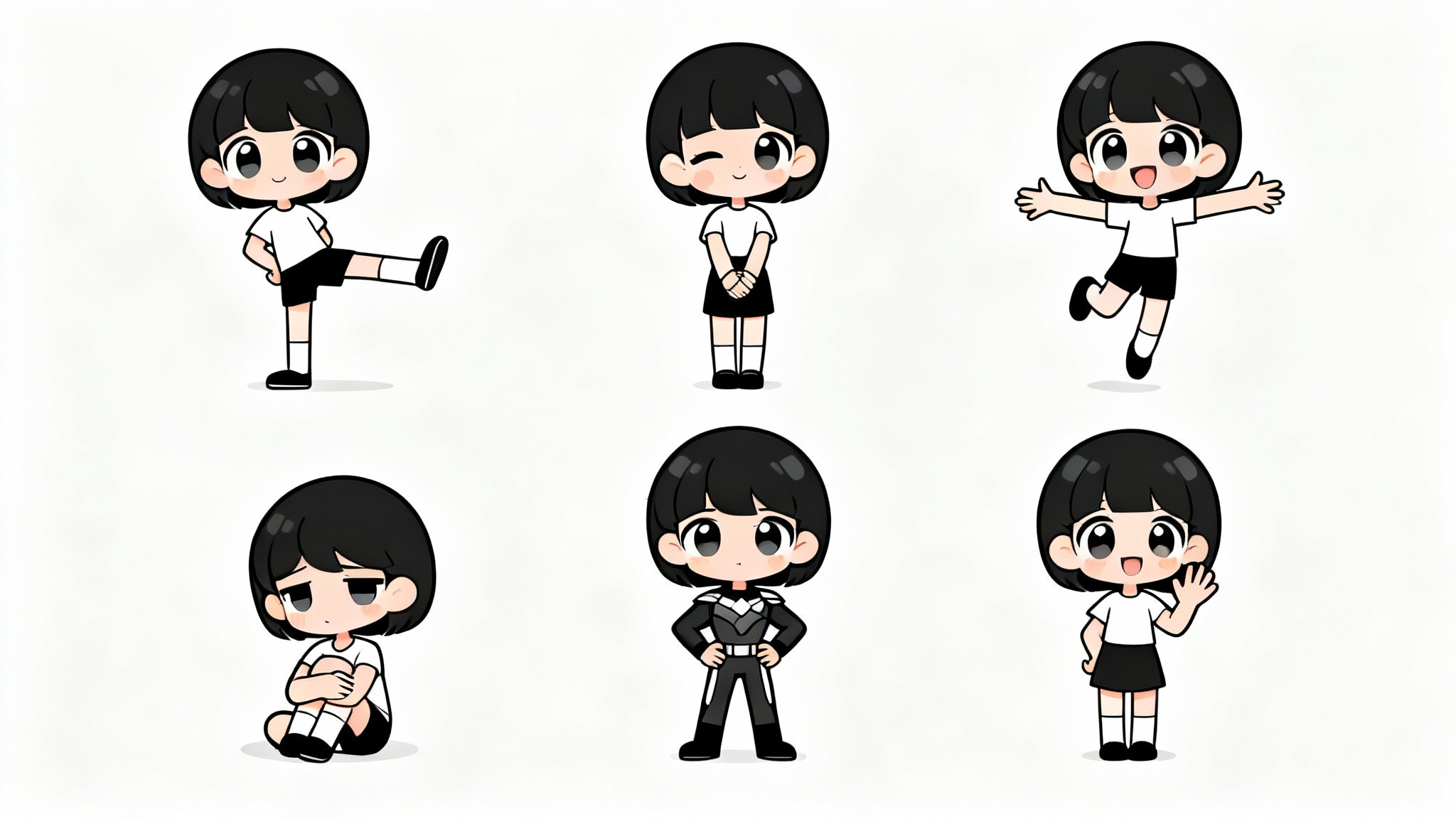 A digital illustration of a character reference sheet showing six different chibi-style characters in various poses, including action, sitting, and standing poses, on a white background.