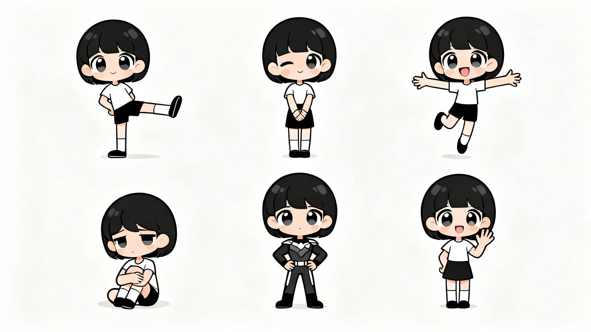 A digital illustration of a character reference sheet showing six different chibi-style characters in various poses, including action, sitting, and standing poses, on a white background.