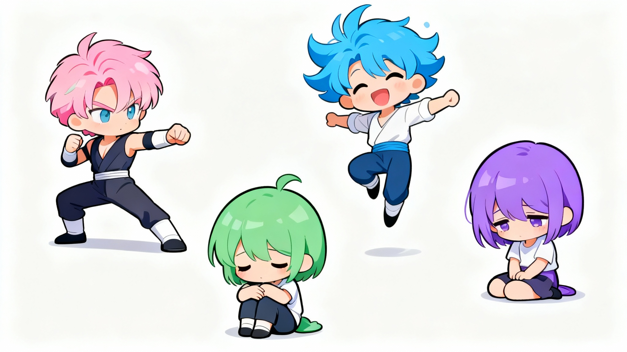 A digital art reference sheet showing four cute chibi characters in different poses, fighting, jumping, sitting, and shy, on a clean white background.