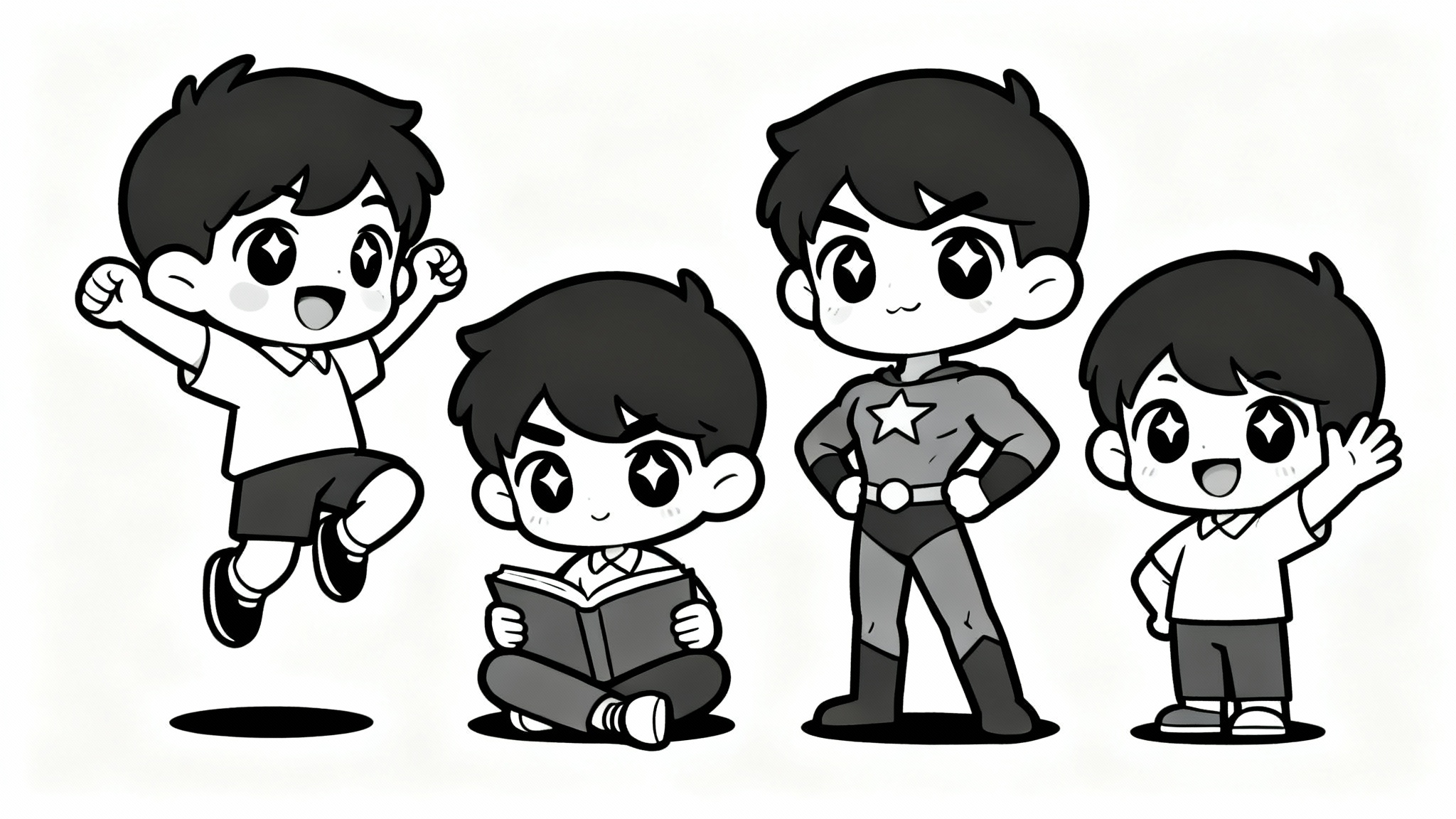 A digital art reference sheet showing four different cute chibi characters in various poses (jumping, sitting, hero pose, waving) against a clean white background.