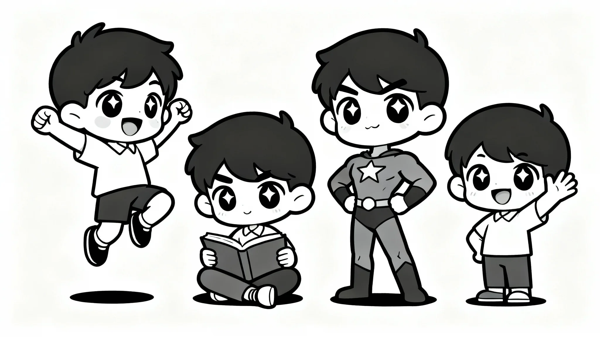 A digital art reference sheet showing four different cute chibi characters in various poses (jumping, sitting, hero pose, waving) against a clean white background.