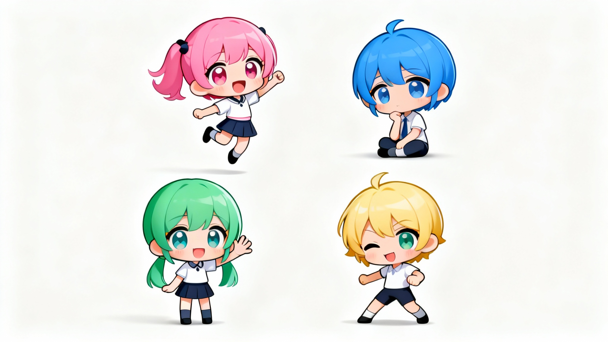 A colorful reference sheet showing four cute chibi characters in different poses, jumping, sitting, waving, and an action stance, on a clean white background.