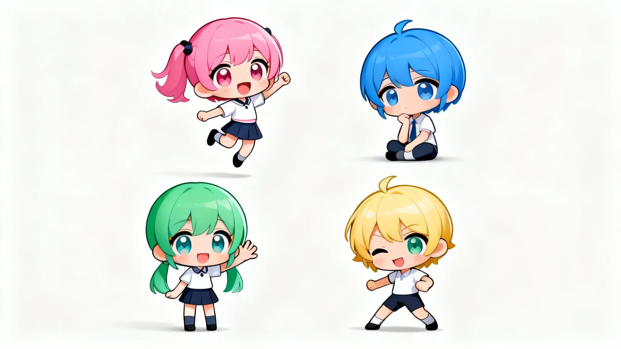 A colorful reference sheet showing four cute chibi characters in different poses, jumping, sitting, waving, and an action stance, on a clean white background.