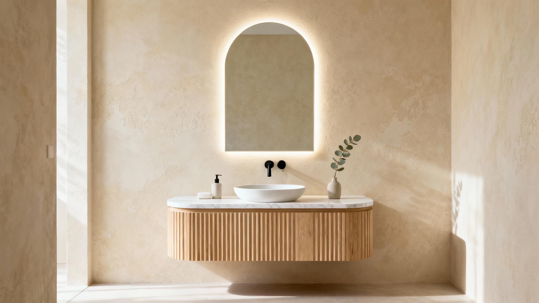 An eye-catching image of a beautifully designed powder room featuring a modern light wood vanity with a vessel sink and an arched, backlit mirror.