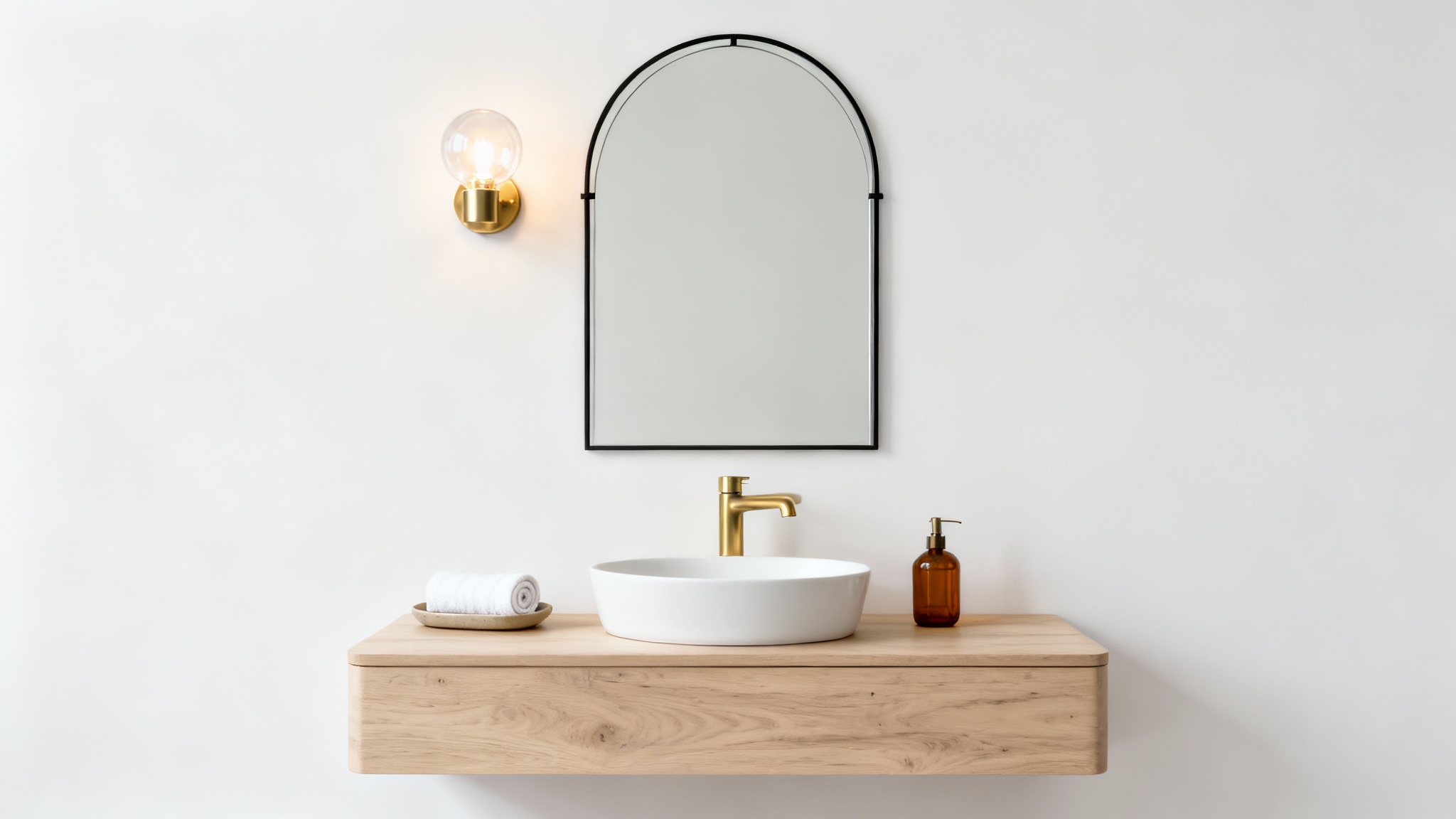 A mockup of a modern powder room vanity with a light oak finish, an integrated sink, an arched mirror, and a single globe sconce, all against a plain white background.