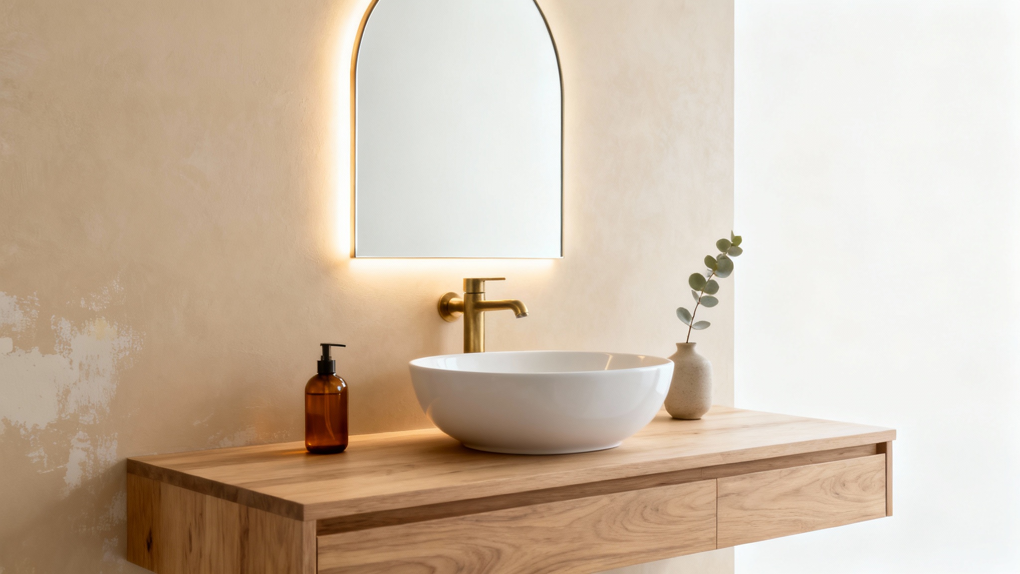 A modern, minimalist powder room vanity idea, featuring a floating light oak vanity, a white vessel sink, a wall-mounted brass faucet, and a large, backlit arched mirror against a soft beige wall.