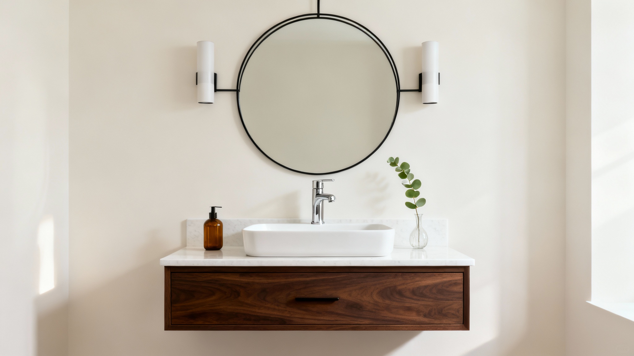 A modern powder room vanity idea featuring a floating dark walnut cabinet, an integrated white sink, a round black-framed mirror, and minimalist wall sconces.