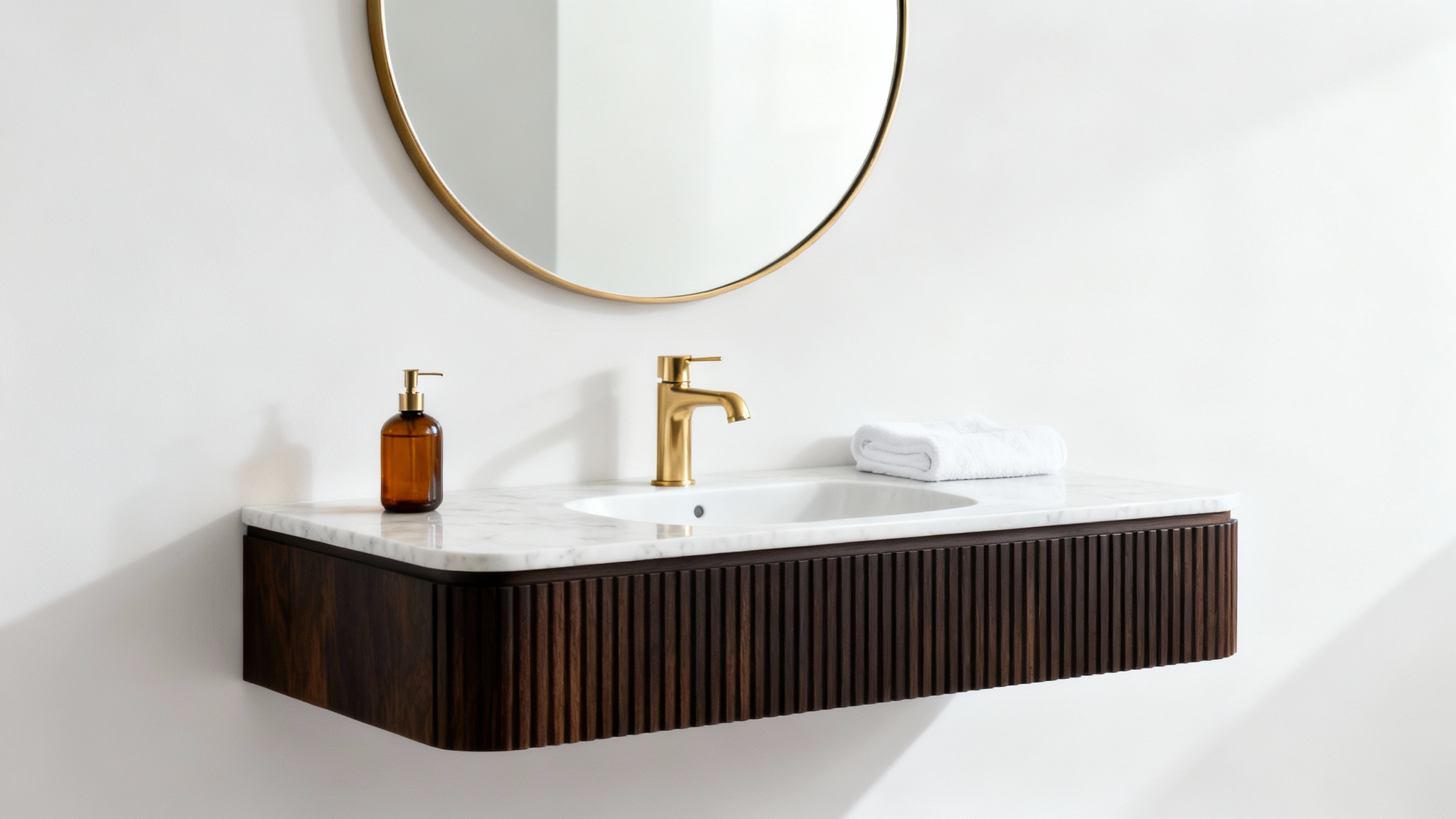 A close-up of a modern powder room vanity featuring a dark fluted wood base, a white marble top, and a large round mirror with a gold frame, all set against a clean white background.