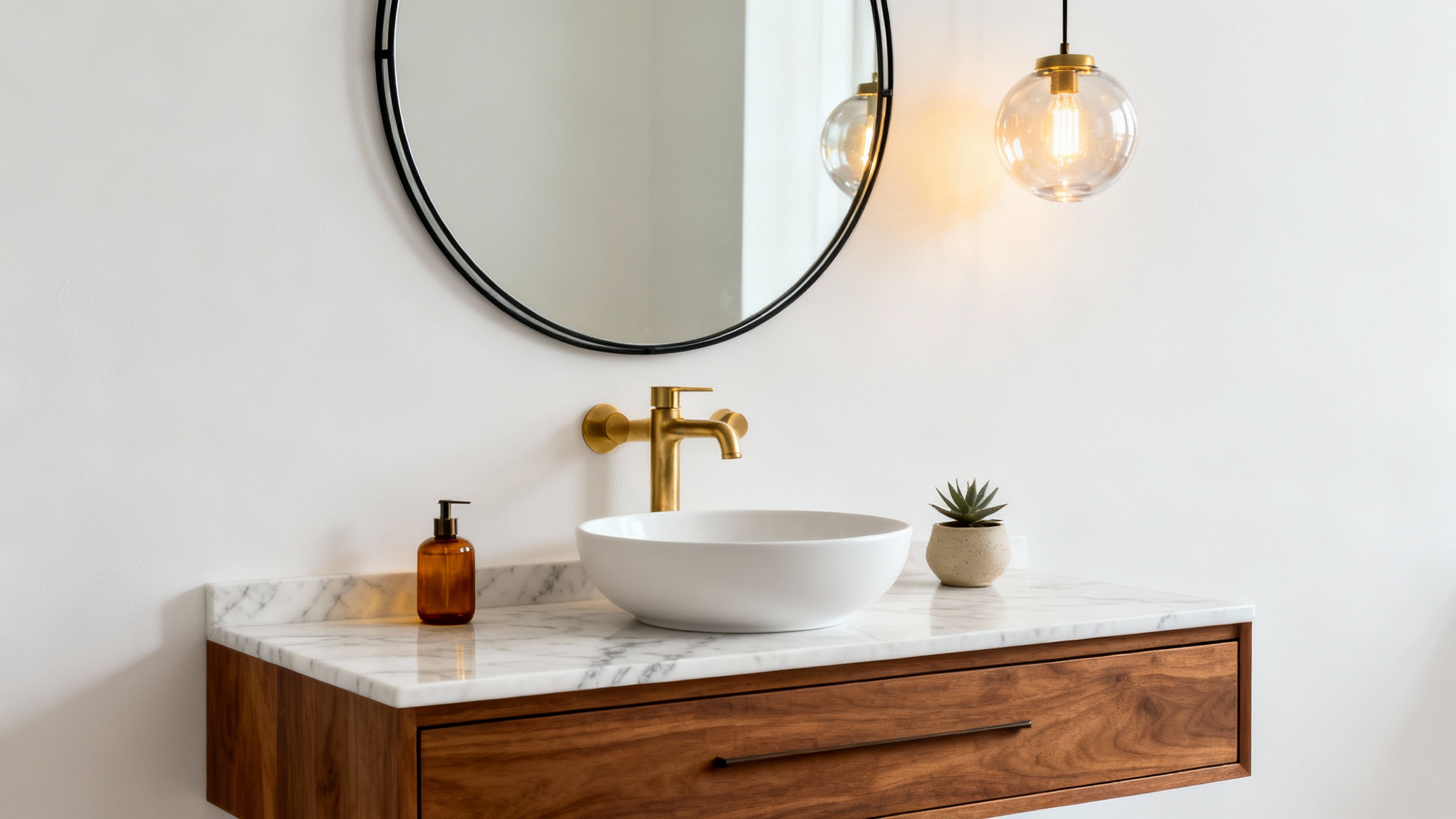 A photorealistic mockup of a modern powder room vanity, featuring a floating walnut cabinet, white marble top, round vessel sink, and a large circular mirror, all set against a clean white background.
