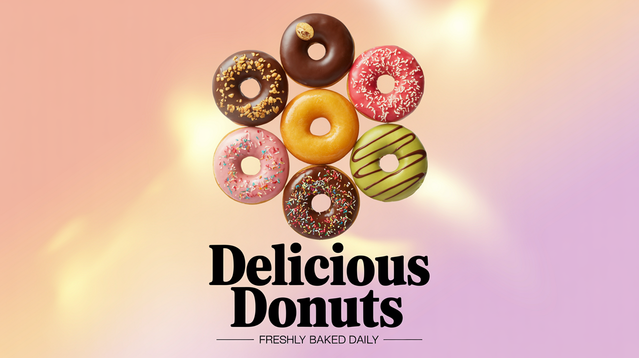 A professionally designed poster for 'Delicious Donuts', showcasing a vibrant circular array of gourmet donuts on a pastel gradient background. The style is clean, modern, and eye-catching.