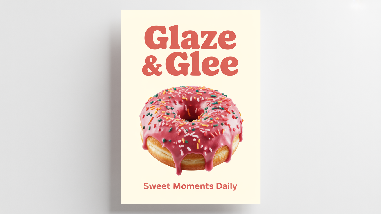 A poster mockup for a donut shop called 'Glaze & Glee'. The poster features a single, delicious-looking donut with pink frosting and sprinkles against a cream background, with the tagline 'Sweet Moments Daily'.