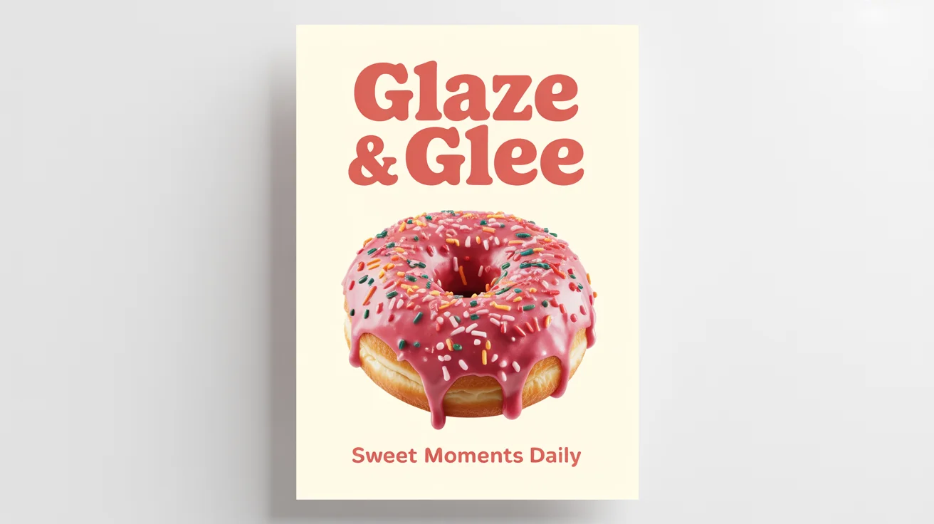A poster mockup for a donut shop called 'Glaze & Glee'. The poster features a single, delicious-looking donut with pink frosting and sprinkles against a cream background, with the tagline 'Sweet Moments Daily'.