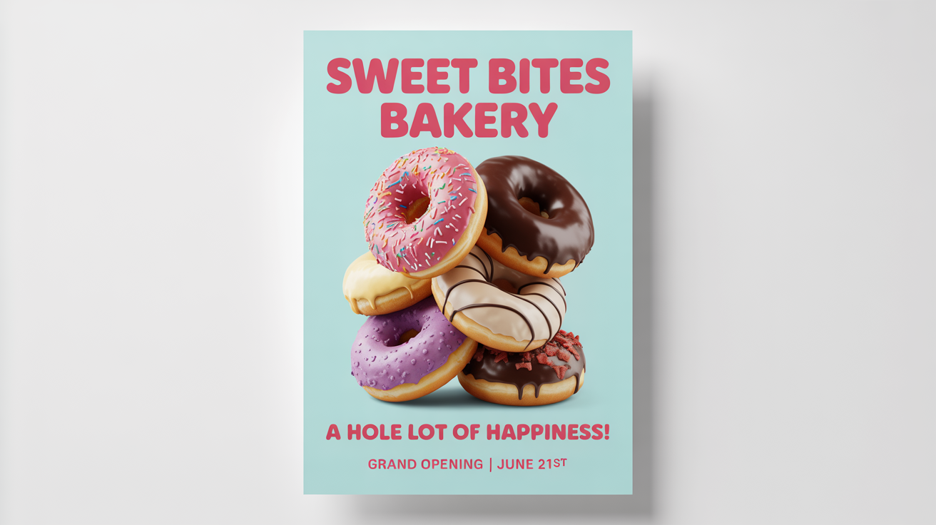 A mockup of a modern poster for 'Sweet Bites Bakery'. The poster features a variety of colorful donuts on a pastel mint background with the text 'A Hole Lot of Happiness!' and 'Grand Opening | June 21st'.