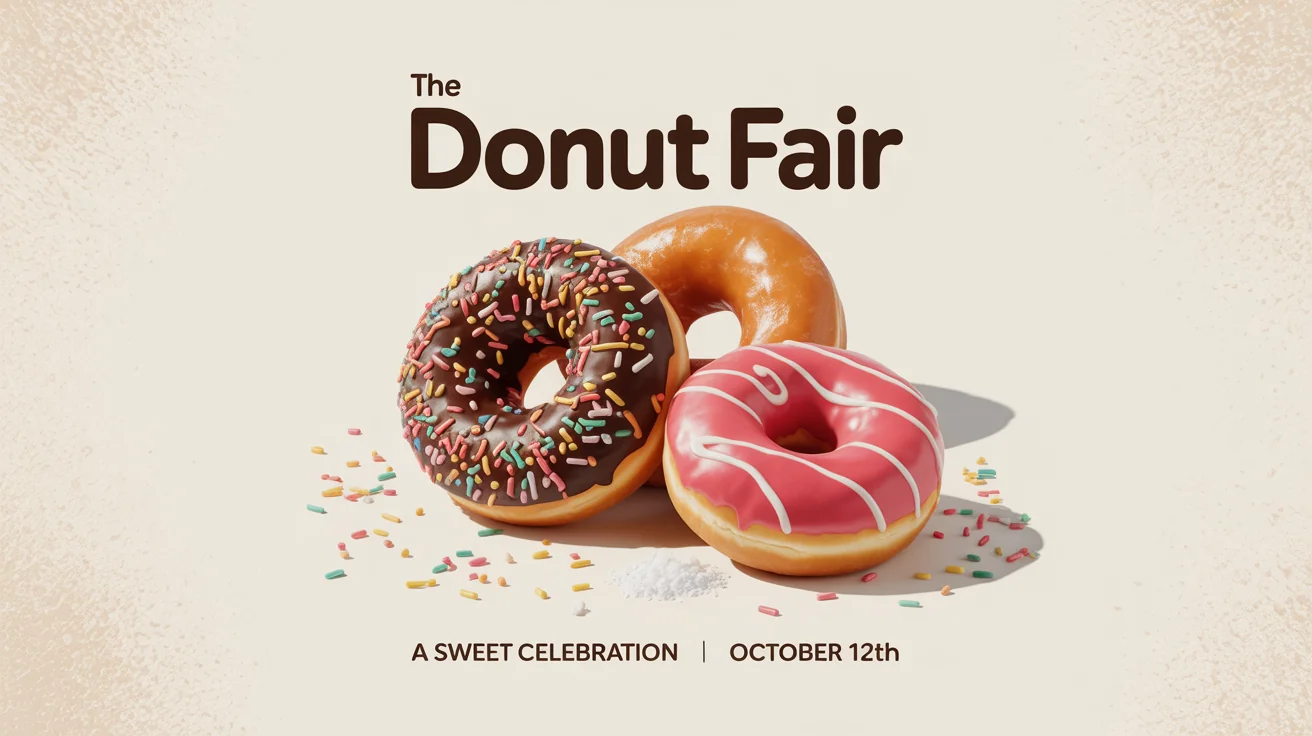 A modern poster for 'The Donut Fair' featuring a colorful illustration of various delicious donuts against a clean, off-white background.