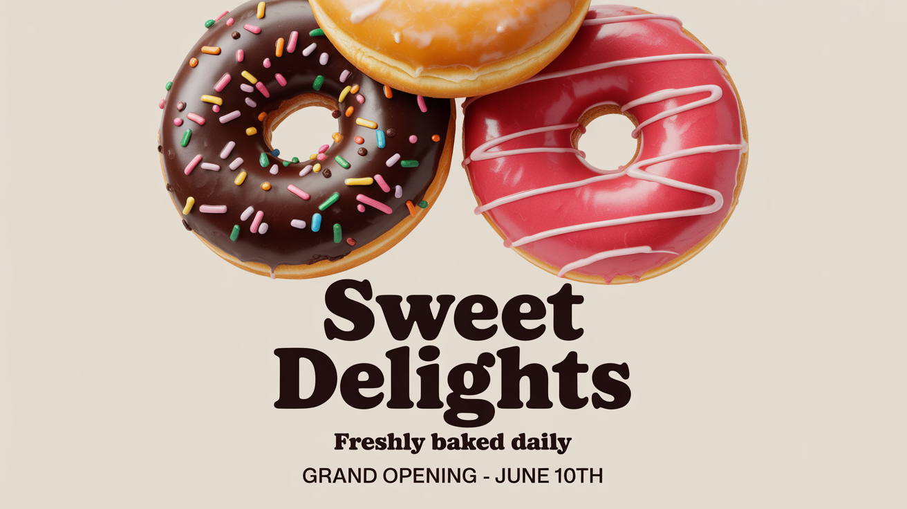 A vibrant poster for a donut shop named 'Sweet Delights', featuring three delicious-looking donuts with different toppings against a cream background. The poster also announces 'Freshly Baked Daily' and a 'Grand Opening'.