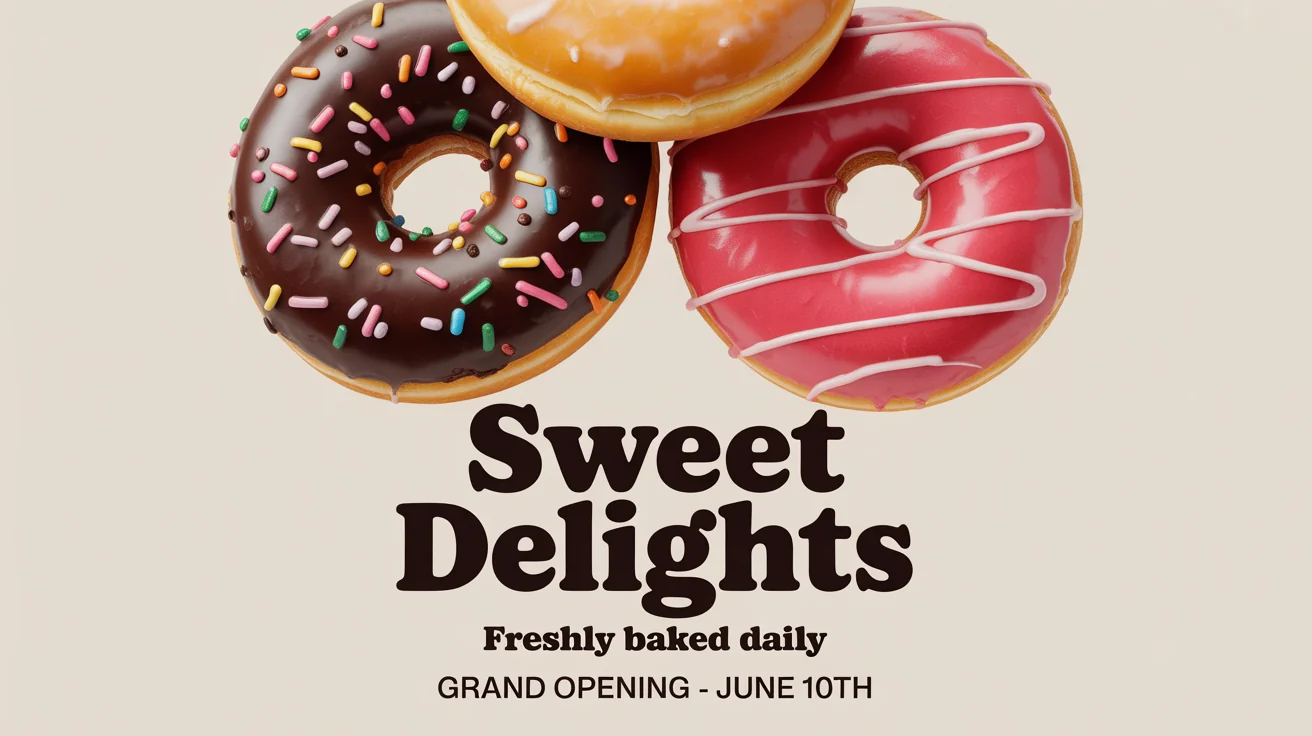 A vibrant poster for a donut shop named 'Sweet Delights', featuring three delicious-looking donuts with different toppings against a cream background. The poster also announces 'Freshly Baked Daily' and a 'Grand Opening'.