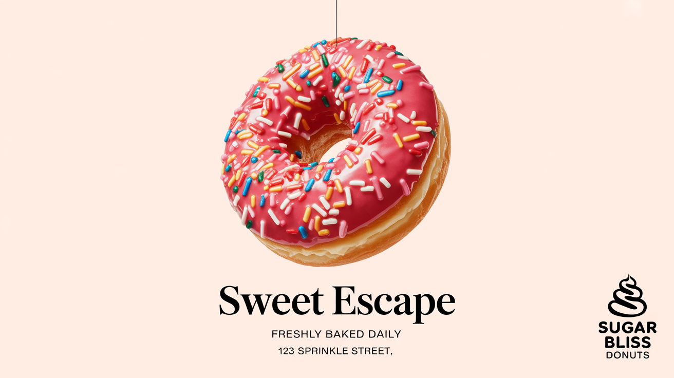 A modern poster for a donut shop named 'Sweet Escape', featuring a single, perfect pink-frosted donut with sprinkles against a white background.