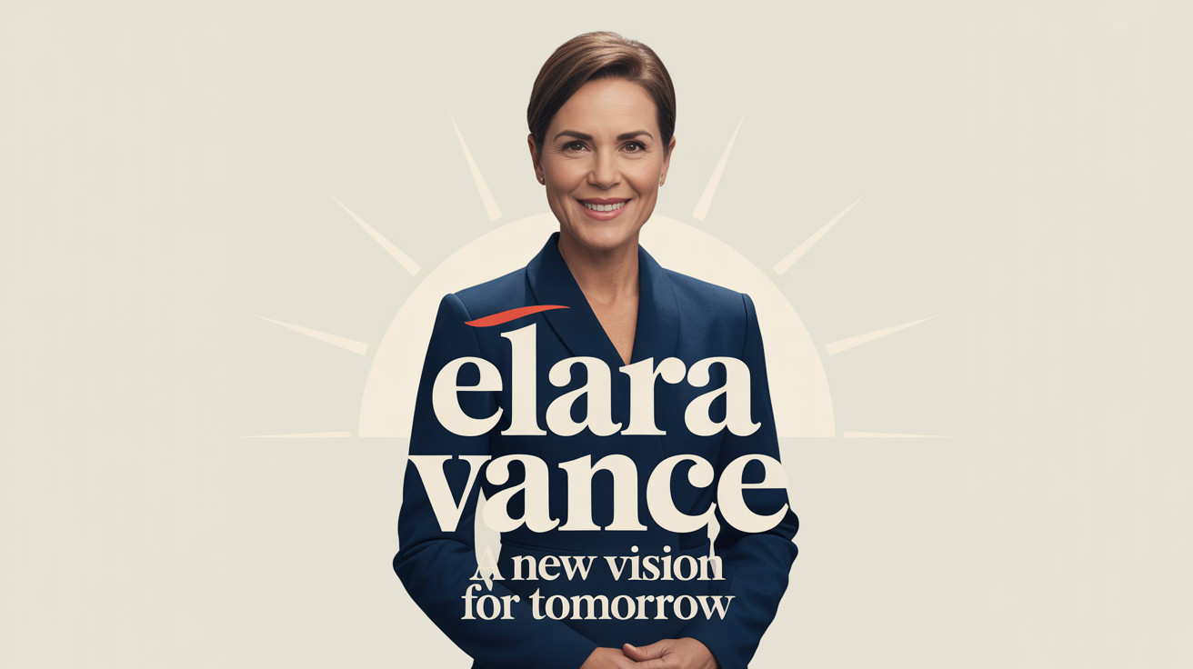 A professionally designed election poster for a fictional candidate named Elara Vance, featuring her photo and the slogan 'A New Vision for Tomorrow'.