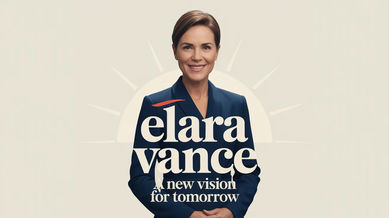 A professionally designed election poster for a fictional candidate named Elara Vance, featuring her photo and the slogan 'A New Vision for Tomorrow'.