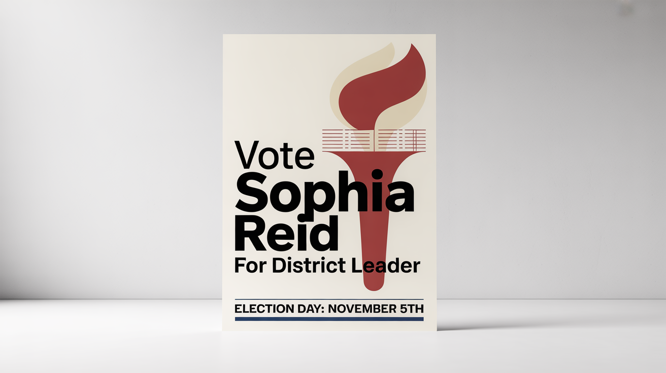 A modern election poster mockup for candidate 'Sophia Reid' running for 'District Leader', with election day listed as 'November 5th', set against a white background.