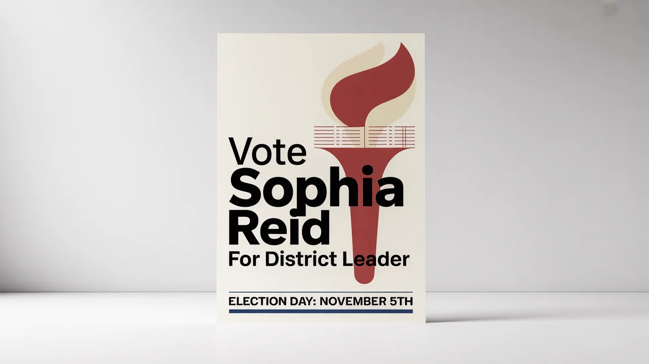 A modern election poster mockup for candidate 'Sophia Reid' running for 'District Leader', with election day listed as 'November 5th', set against a white background.
