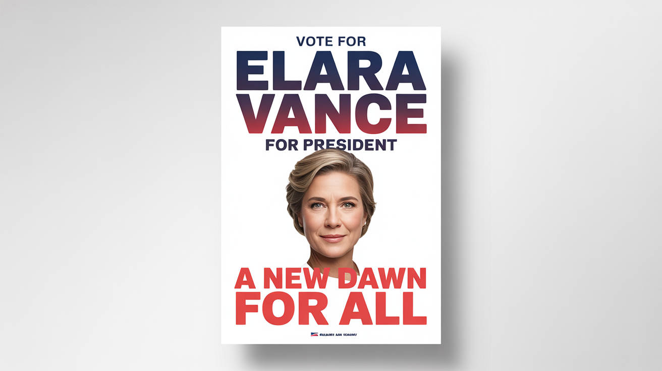 A modern election poster mockup for a presidential candidate named Elara Vance, featuring her photo and the slogan 'A New Dawn for All' against a blue, red, and white background.