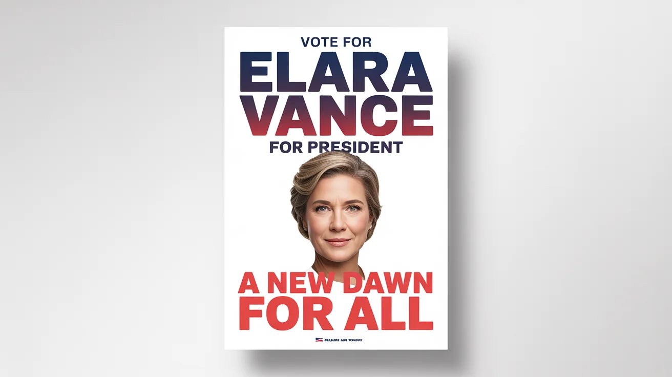A modern election poster mockup for a presidential candidate named Elara Vance, featuring her photo and the slogan 'A New Dawn for All' against a blue, red, and white background.