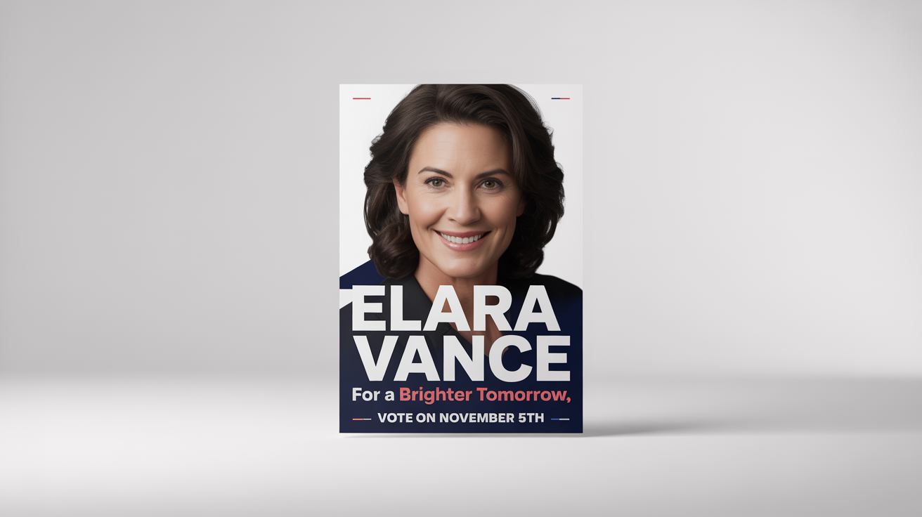 A modern election poster mockup for candidate Elara Vance, featuring her photo and the slogan 'For a Brighter Tomorrow' in red, white, and blue.