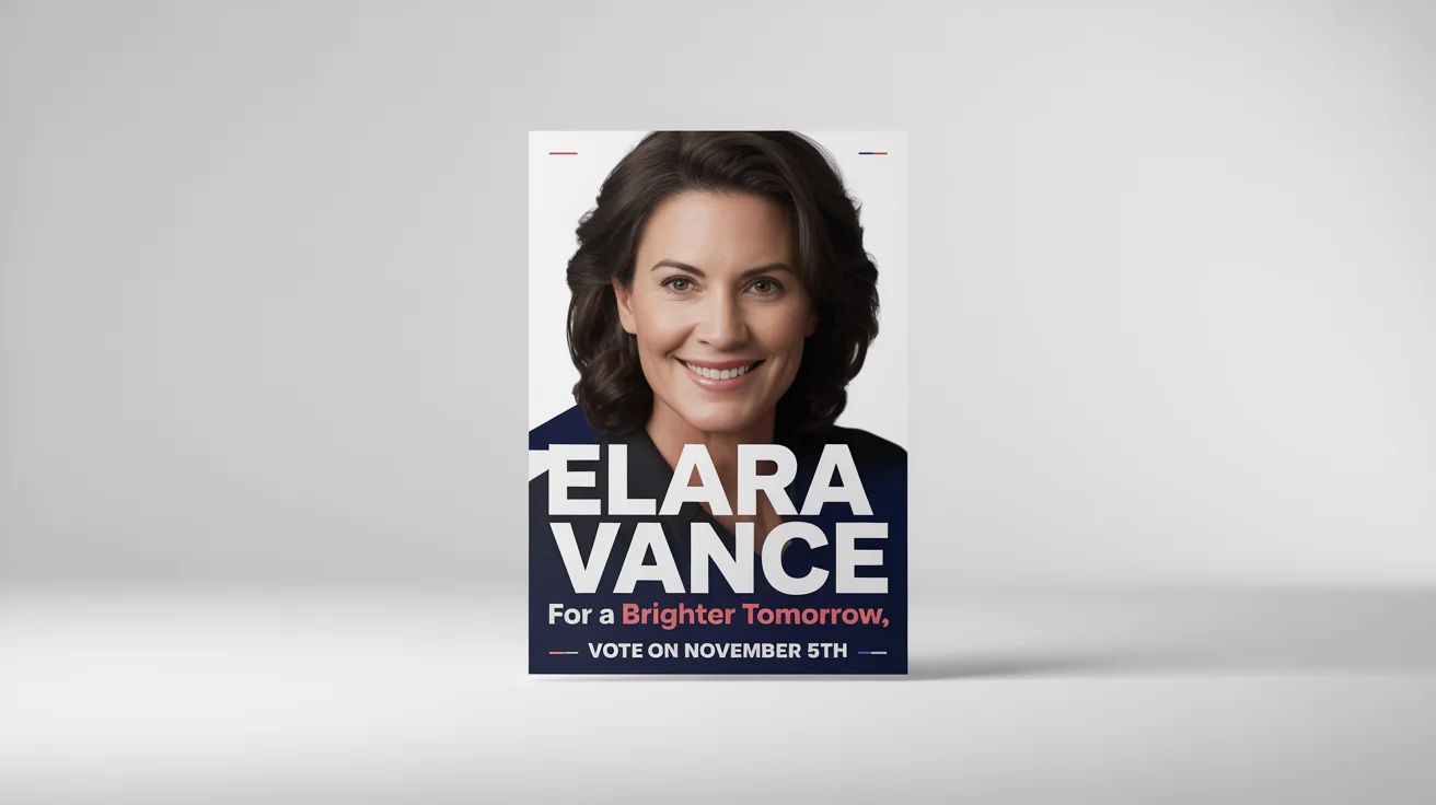 A modern election poster mockup for candidate Elara Vance, featuring her photo and the slogan 'For a Brighter Tomorrow' in red, white, and blue.
