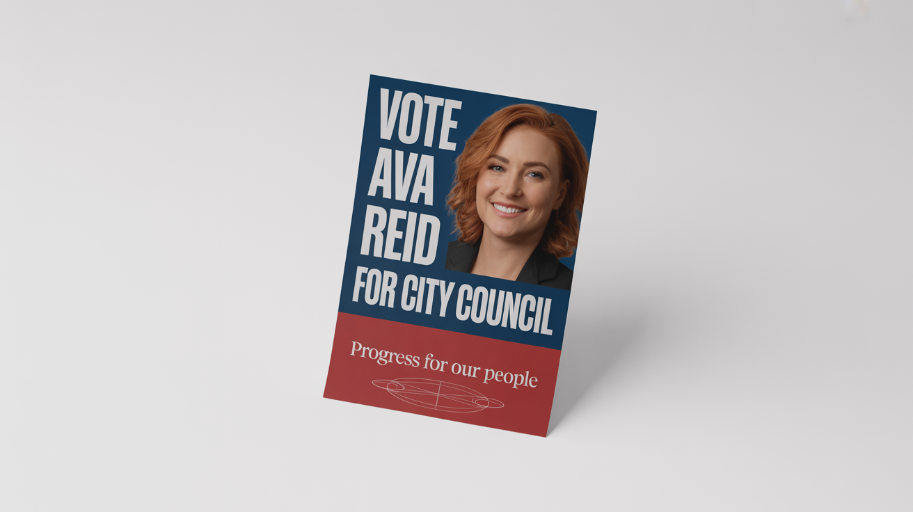 A modern election poster mockup for candidate Ava Reid running for City Council, featuring her headshot and the slogan 'Progress for Our People'.