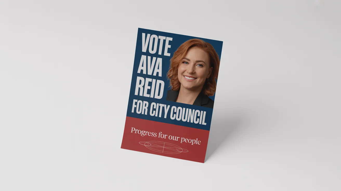 A modern election poster mockup for candidate Ava Reid running for City Council, featuring her headshot and the slogan 'Progress for Our People'.