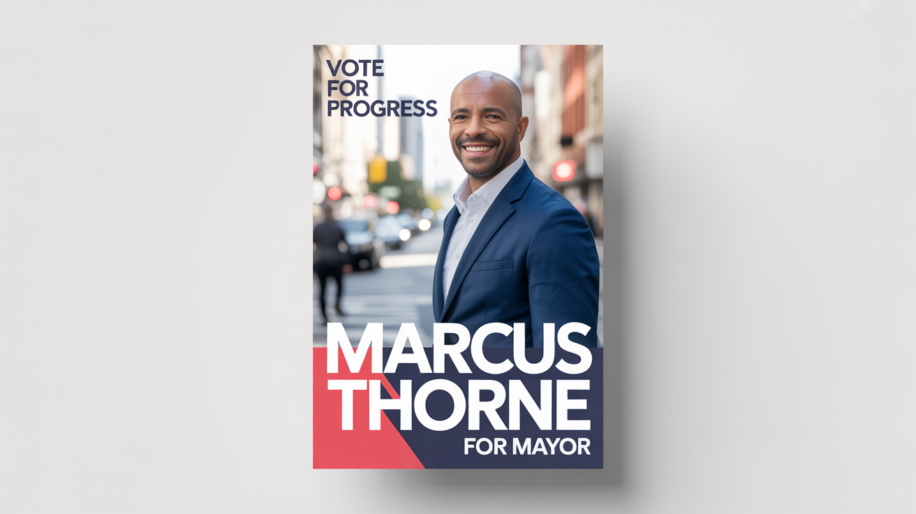 A mockup of a professional election poster for a fictional mayoral candidate named 'Marcus Thorne', with the slogan 'Vote for Progress' against a white background.