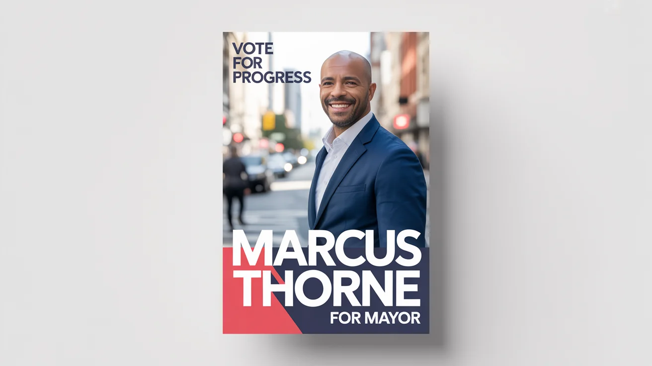 A mockup of a professional election poster for a fictional mayoral candidate named 'Marcus Thorne', with the slogan 'Vote for Progress' against a white background.