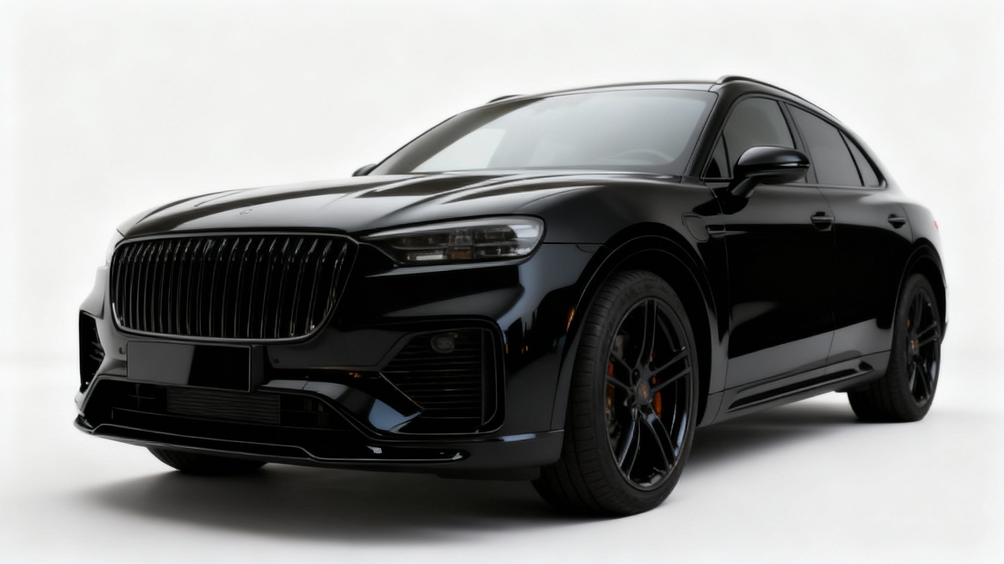 A professional photograph of a luxury black SUV in a studio setting, with the license plate digitally removed to show a perfectly clean and seamless front bumper.
