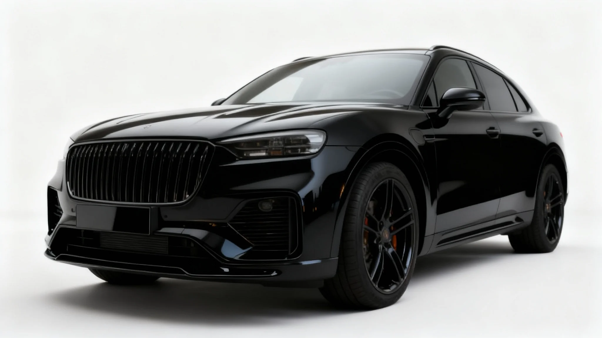 A professional photograph of a luxury black SUV in a studio setting, with the license plate digitally removed to show a perfectly clean and seamless front bumper.