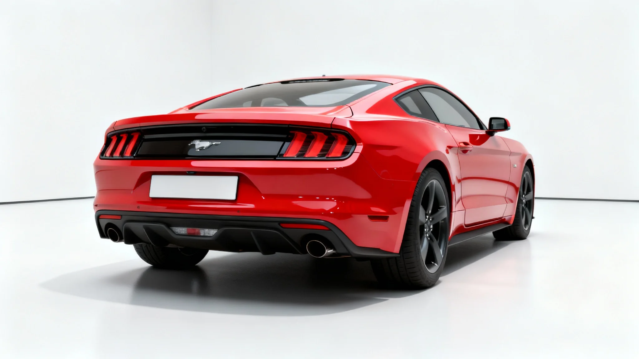 A photorealistic image of a modern red sports car in a white studio, with its rear license plate digitally blurred out for privacy.