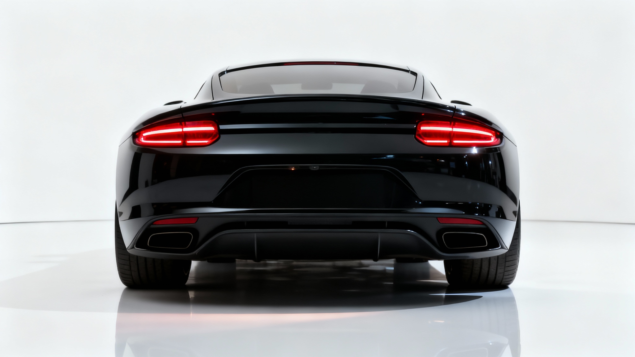 A high-end black sports car from the rear, shown on a clean white background, with the license plate area completely blank and smooth, showcasing a digital removal effect.