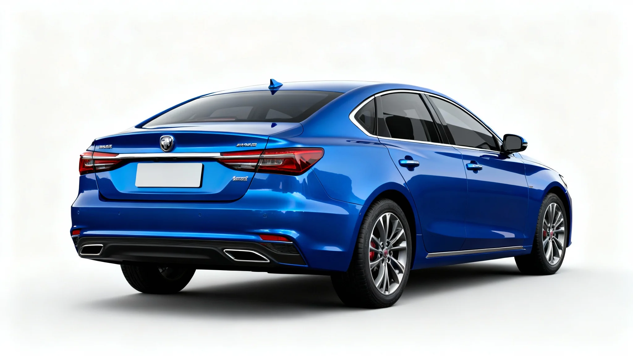 A close-up of the rear of a modern blue car on a white background, with its license plate completely blurred for privacy.