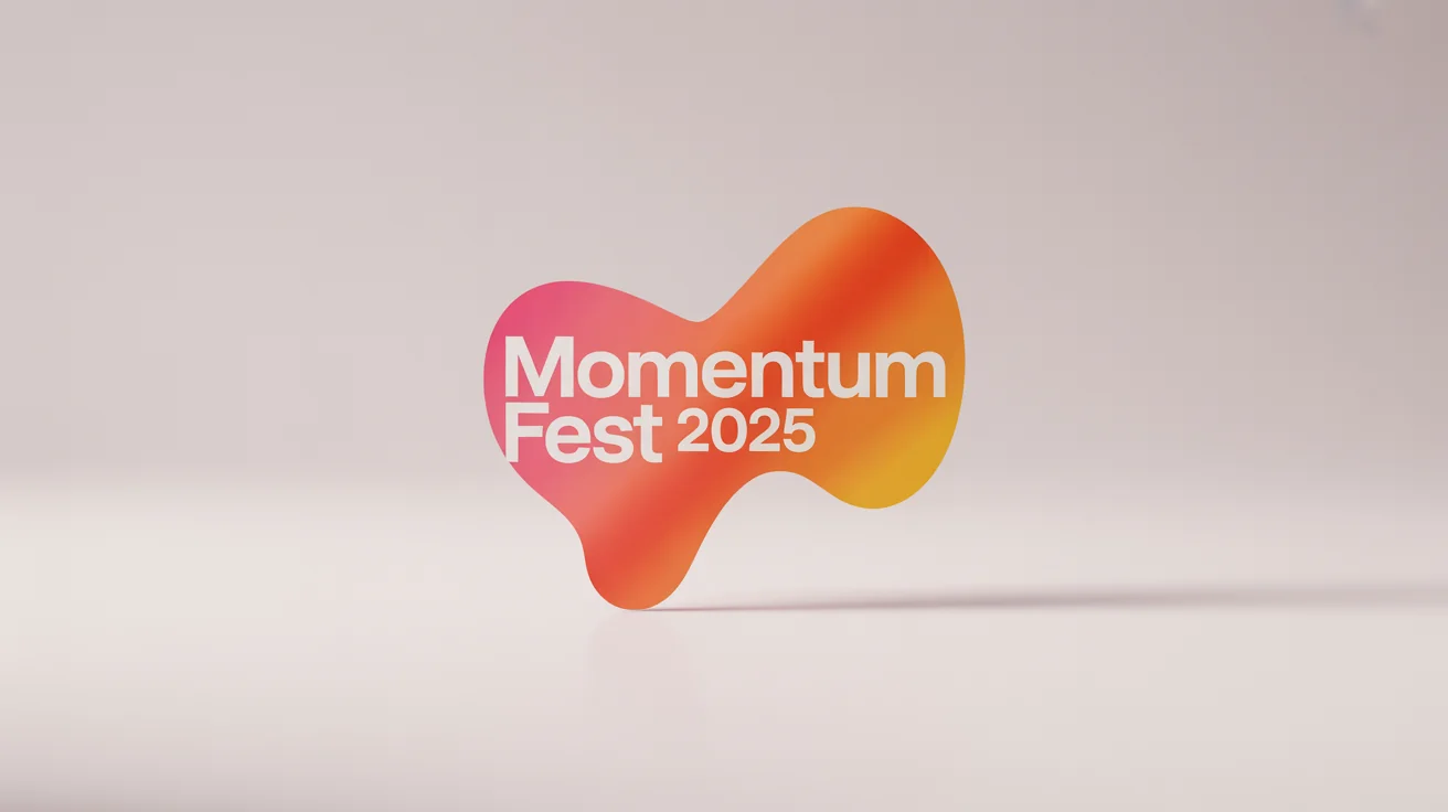 A professionally designed event logo for 'Momentum Fest 2025' featuring a modern wordmark with a vibrant coral-to-orange gradient, presented as a final design on a clean background.